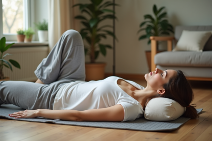 Femme détendue sur un tapis d'acupressure dans un salon chaleureux