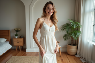 Femme en robe coton été dans une chambre chaleureuse