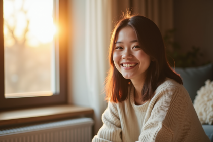 Jeune femme souriante dans un salon lumineux et moderne