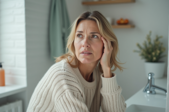 Femme d'&acirc;ge moyen touchant son visage dans sa salle de bain