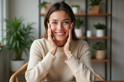 Femme appliquant soin visage en intérieur naturel