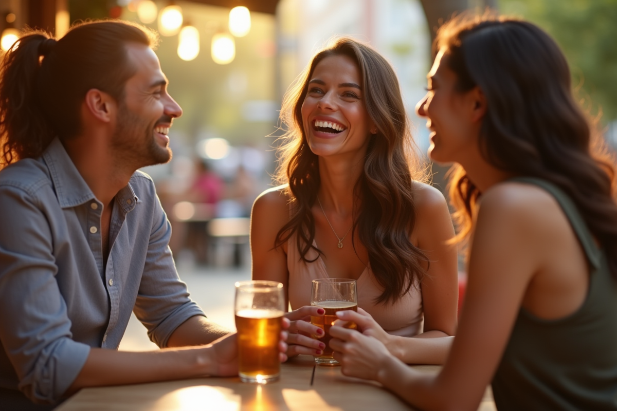 Femme souriante avec amis dans un café en plein air