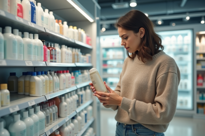 Femme inspectant l'étiquette d'un shampoing en pharmacie