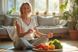 Femme souriante en yoga dans un salon lumineux