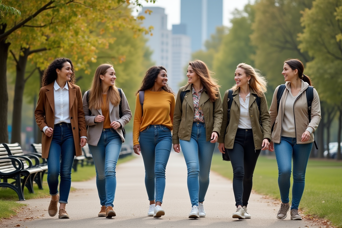 Groupe de femmes marchant dans un parc urbain