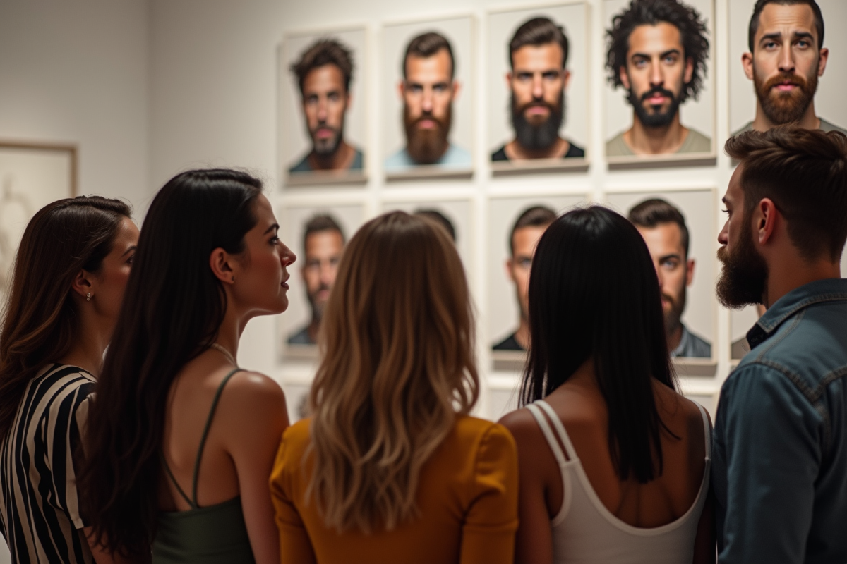 Femmes observant des portraits de styles de barbe dans une galerie