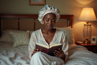 Jeune femme noire lit un livre dans son lit en pyjama