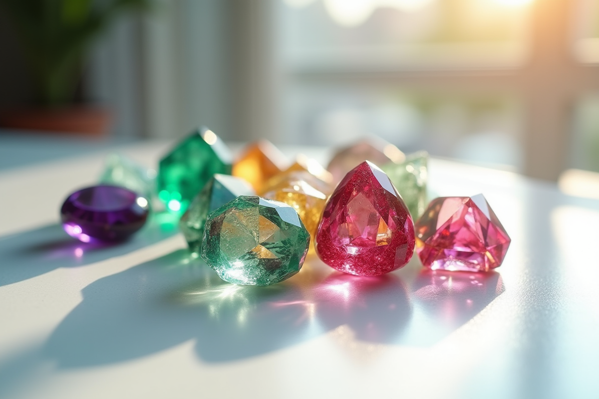 Gemme colorée de tourmaline sur une table blanche avec d'autres pierres incompatibles