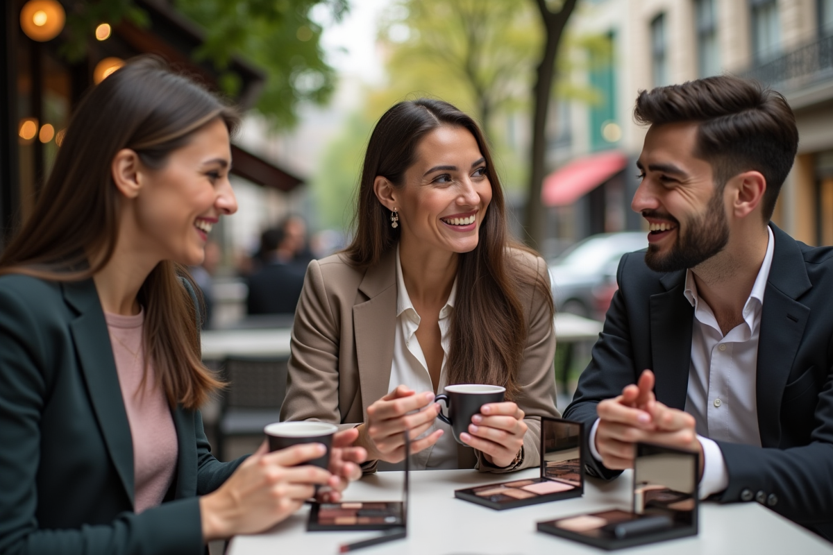 Groupe de jeunes professionnels discutant de tendances beauté au cafe