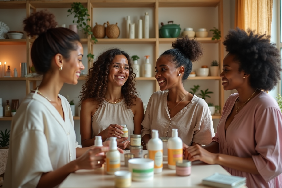 Groupe divers testant des cosmétiques bio dans un magasin écologique