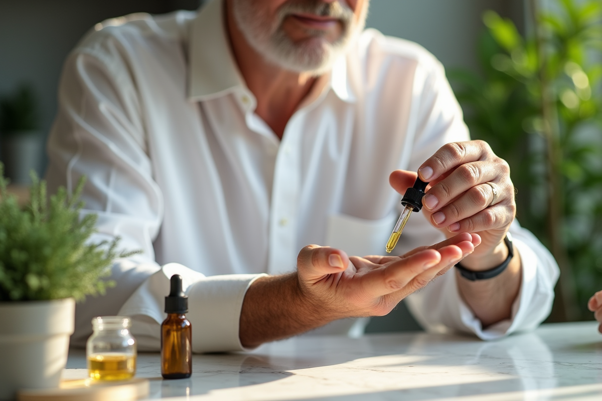 Homme appliquant une huile essentielle dans une cuisine lumineuse