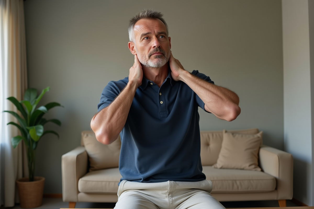 Homme se massant le cou dans un salon cosy et apaisant