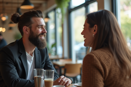 Homme barbu souriant dans un café moderne avec une femme