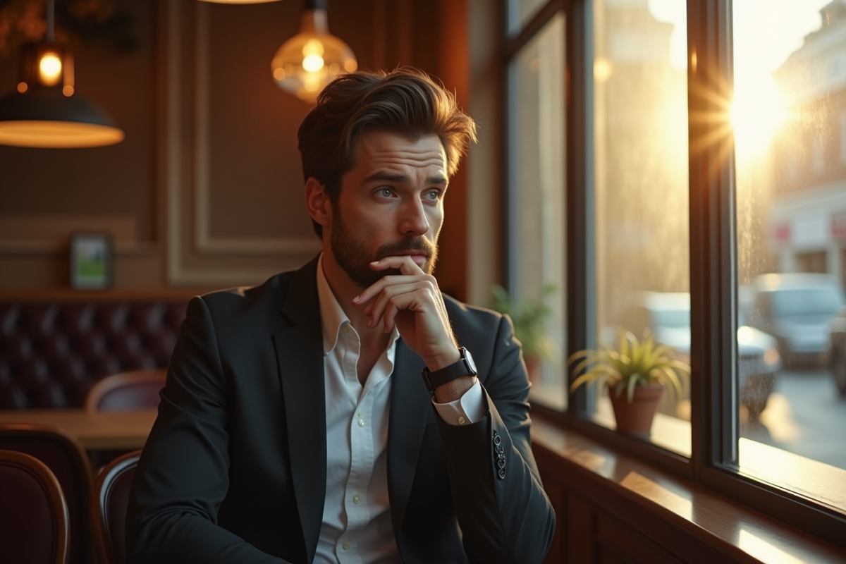 Homme charismatique assis dans un café lumineux et chaleureux
