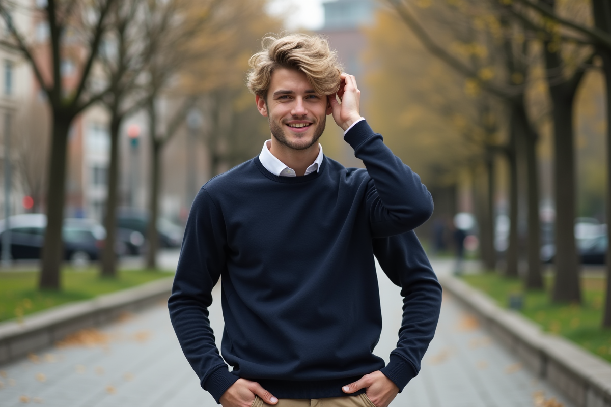 Homme avec coupe dégradée dans un parc urbain