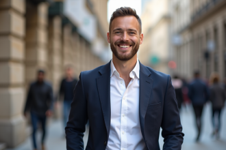 Homme confiant en ville avec blazer et chemise blanche
