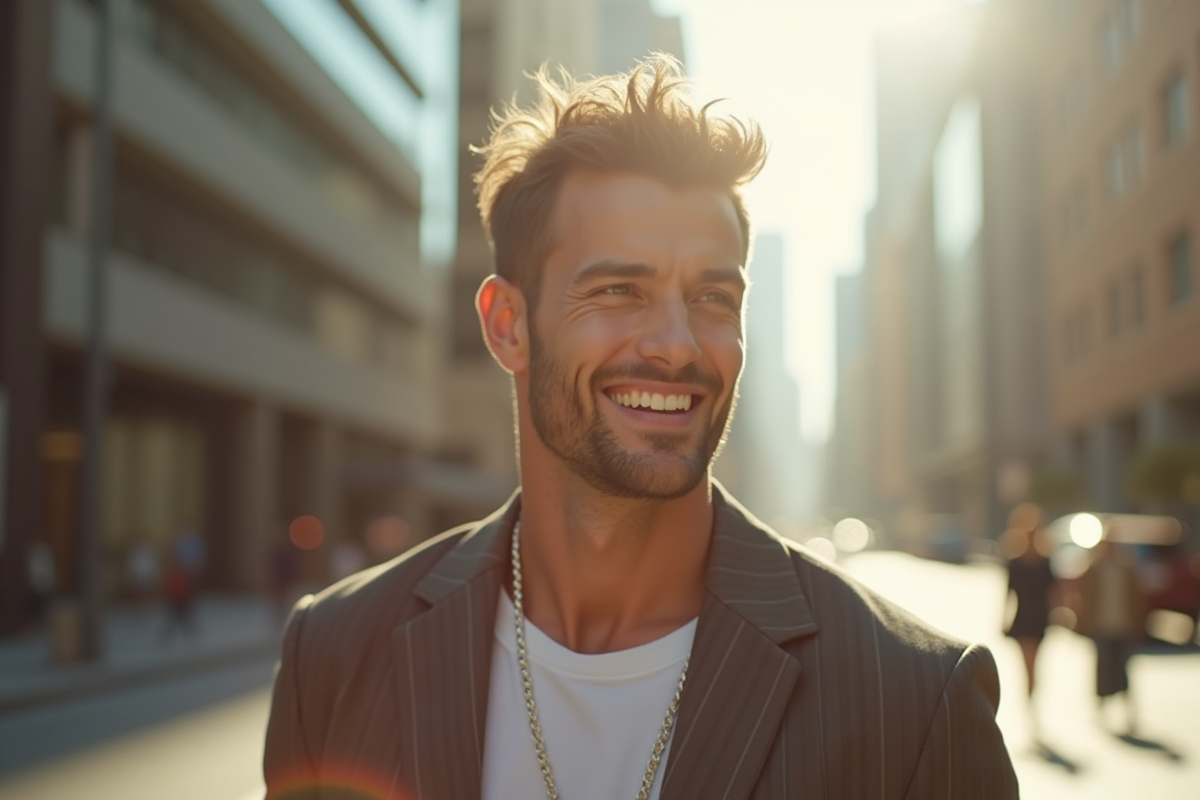 Homme confiant et souriant dans une rue ensoleillée de la ville