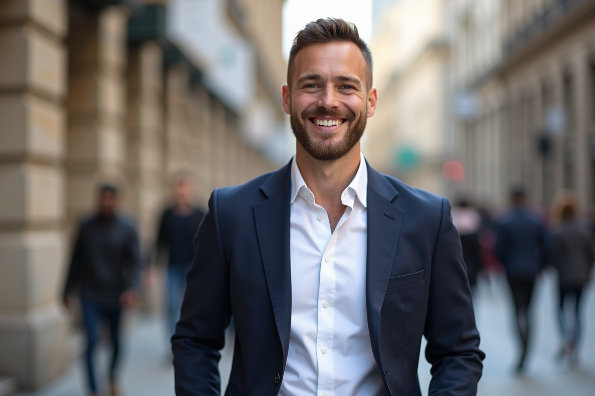 Homme confiant en ville avec blazer et chemise blanche