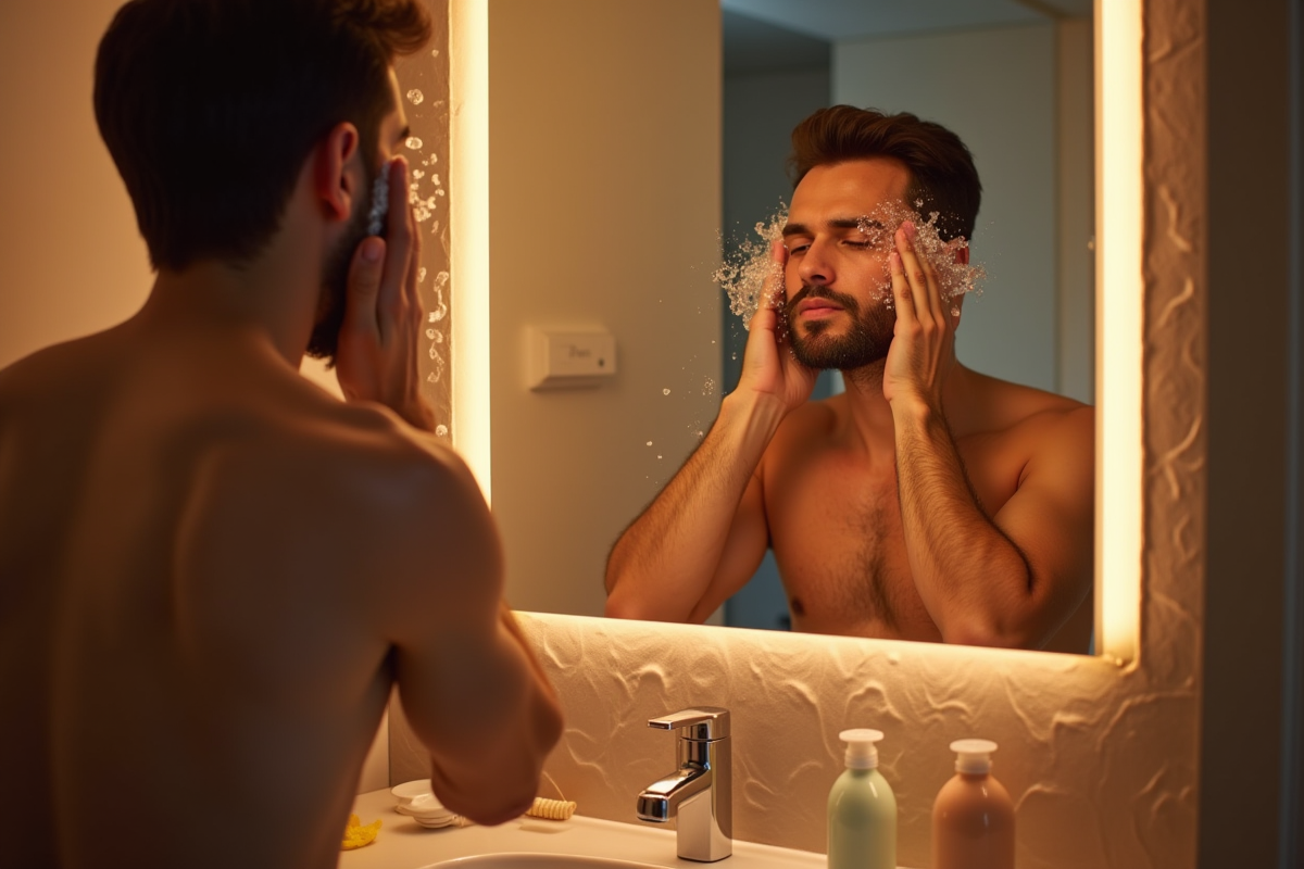 Homme se rinçant le visage dans une salle de bain moderne le soir