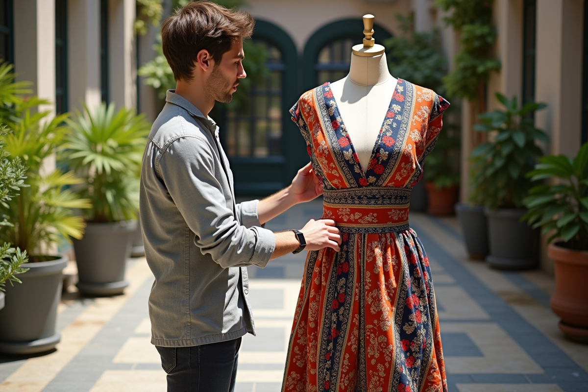 Jeune homme ajustant une robe électrique sur un mannequin en extérieur