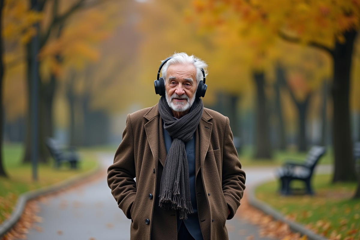 Homme âgé profitant d un podcast dans un parc automnal