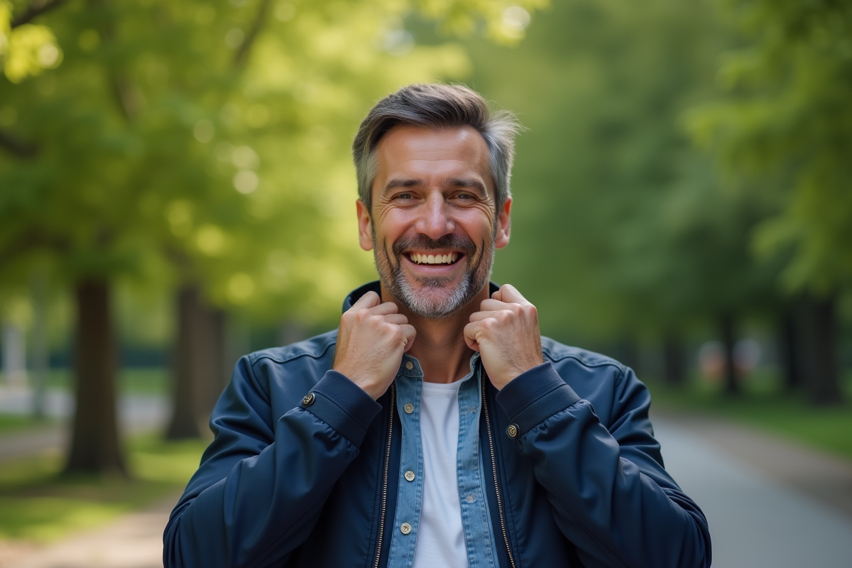 Homme pensif dans un parc verdoyant