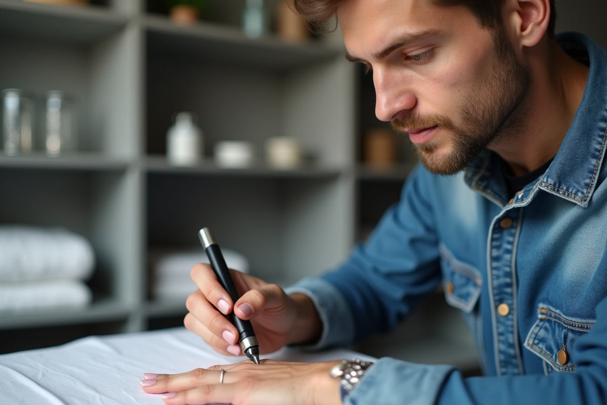 Jeune homme en salon de manucure retirant des extensions d