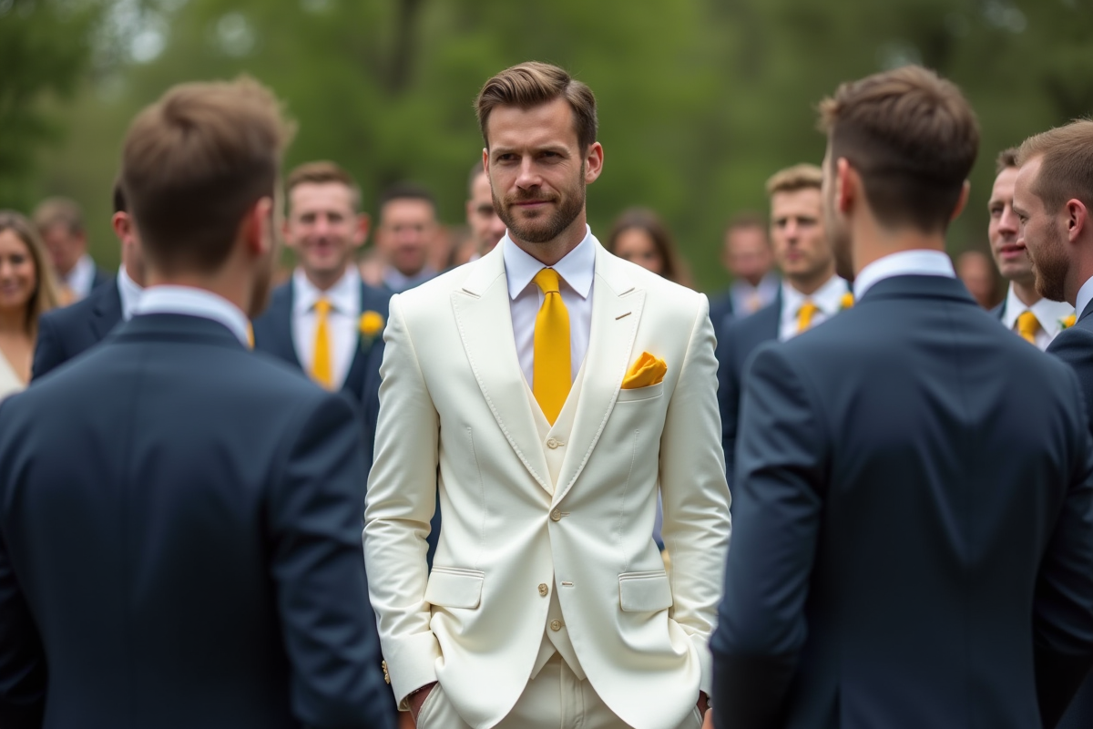 Homme en costume blanc avec cravate jaune lors d'un mariage