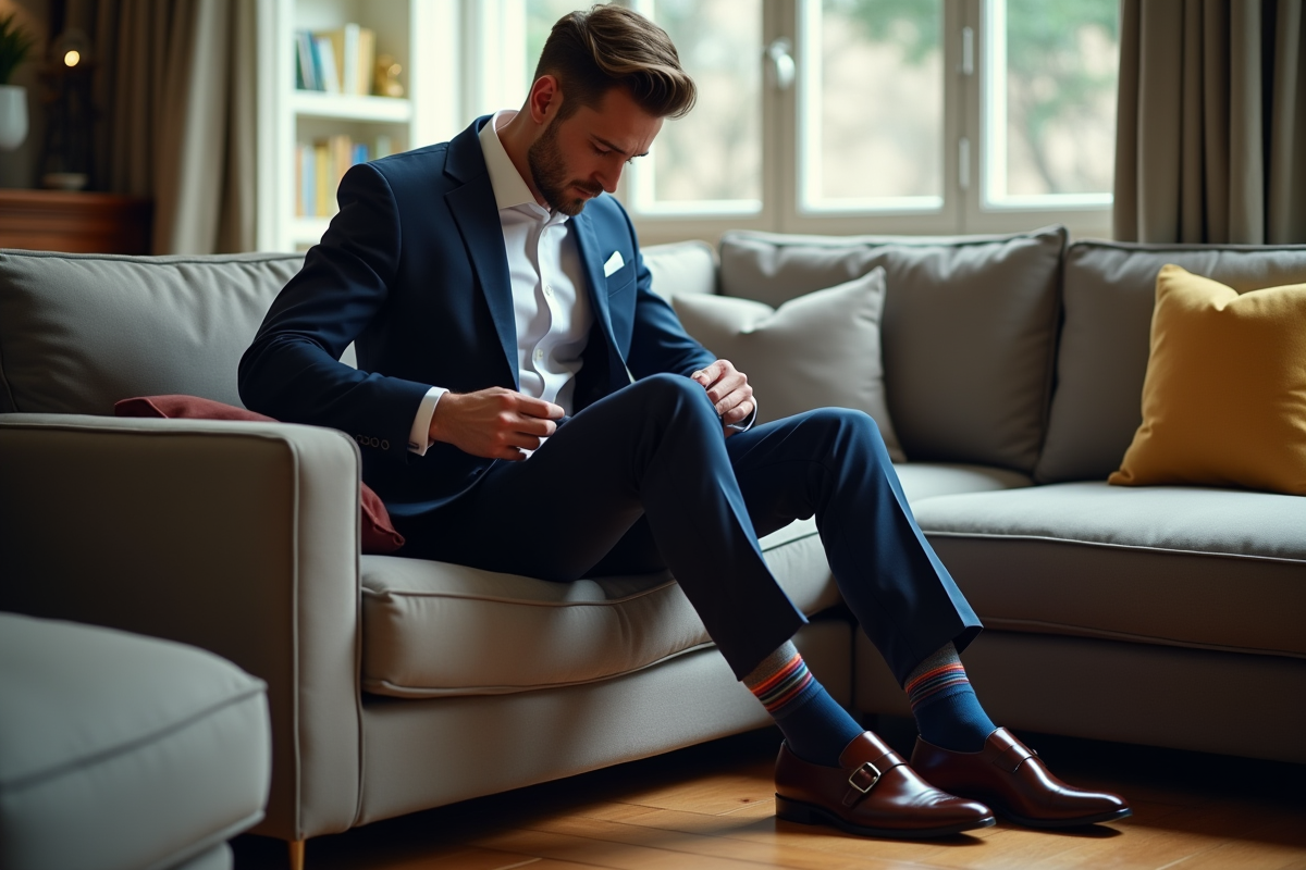 Homme élégant assis sur un canapé moderne ajustant son pantalon pour révéler des chaussettes colorées