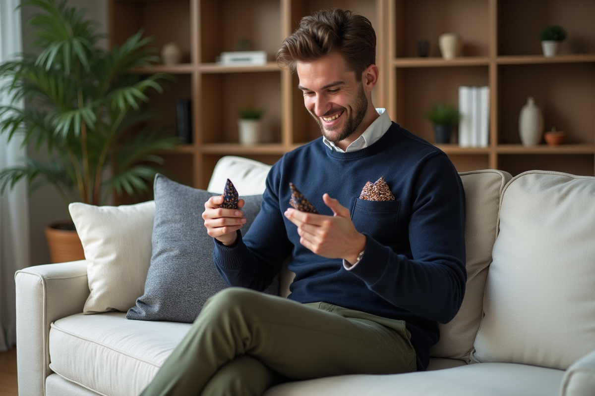Jeune homme assis sur un canapé dans un salon cosy