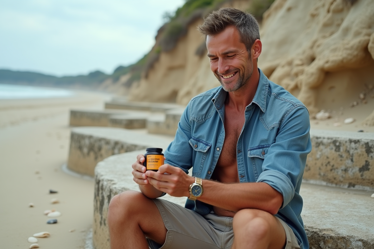 Homme avec pot de creme solaire sur un ledge en bord de mer