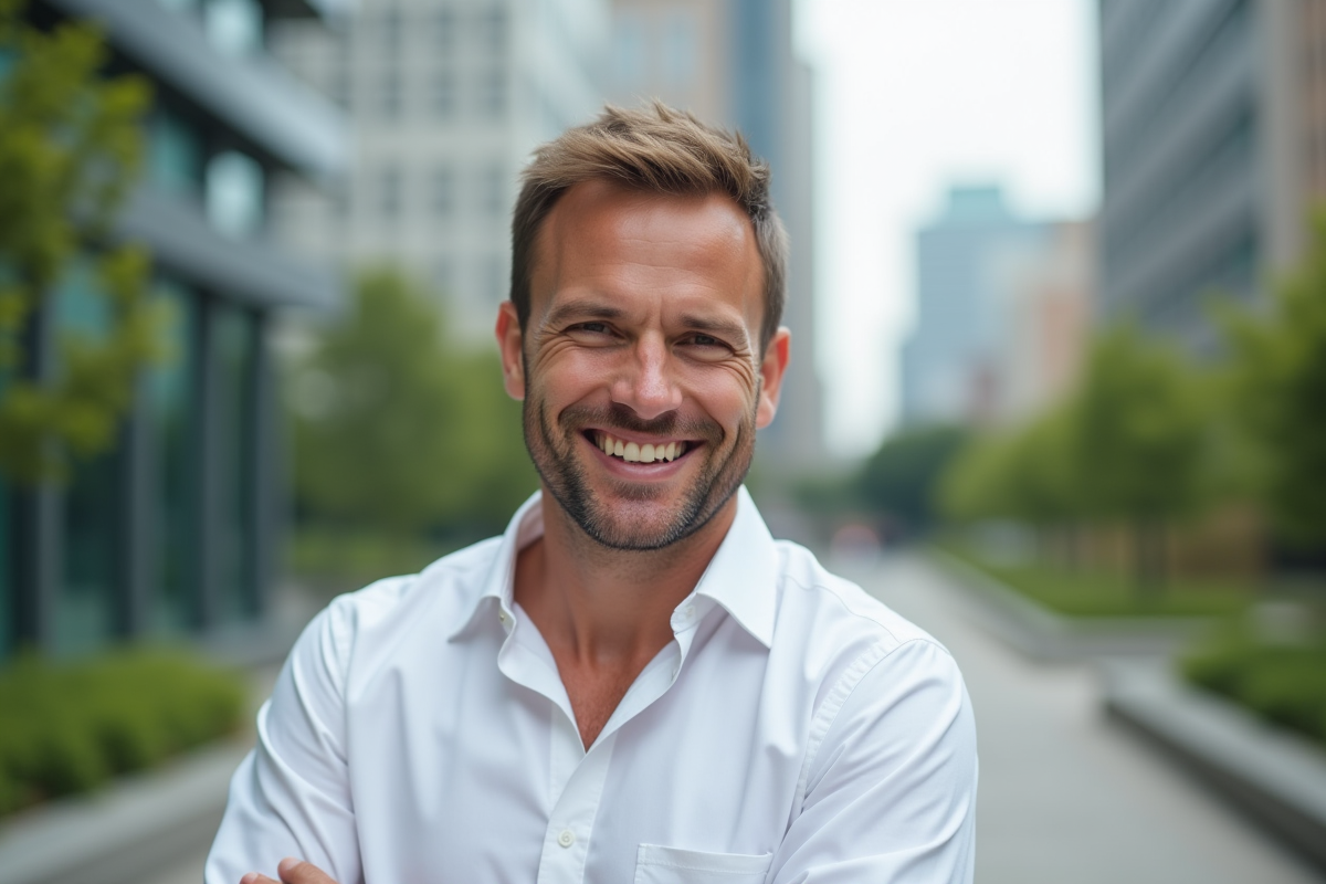Homme confiant en extérieur avec nature urbaine