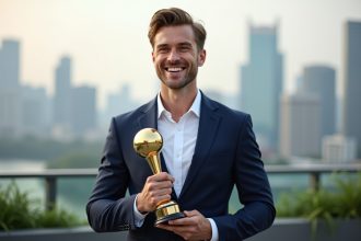 Homme souriant avec troph&eacute;e en ext&eacute;rieur sur un rooftop