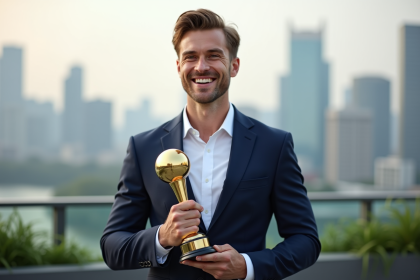 Homme souriant avec trophée en extérieur sur un rooftop