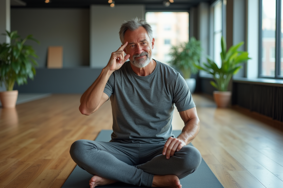 Homme méditant assis sur un tapis dans un studio urbain