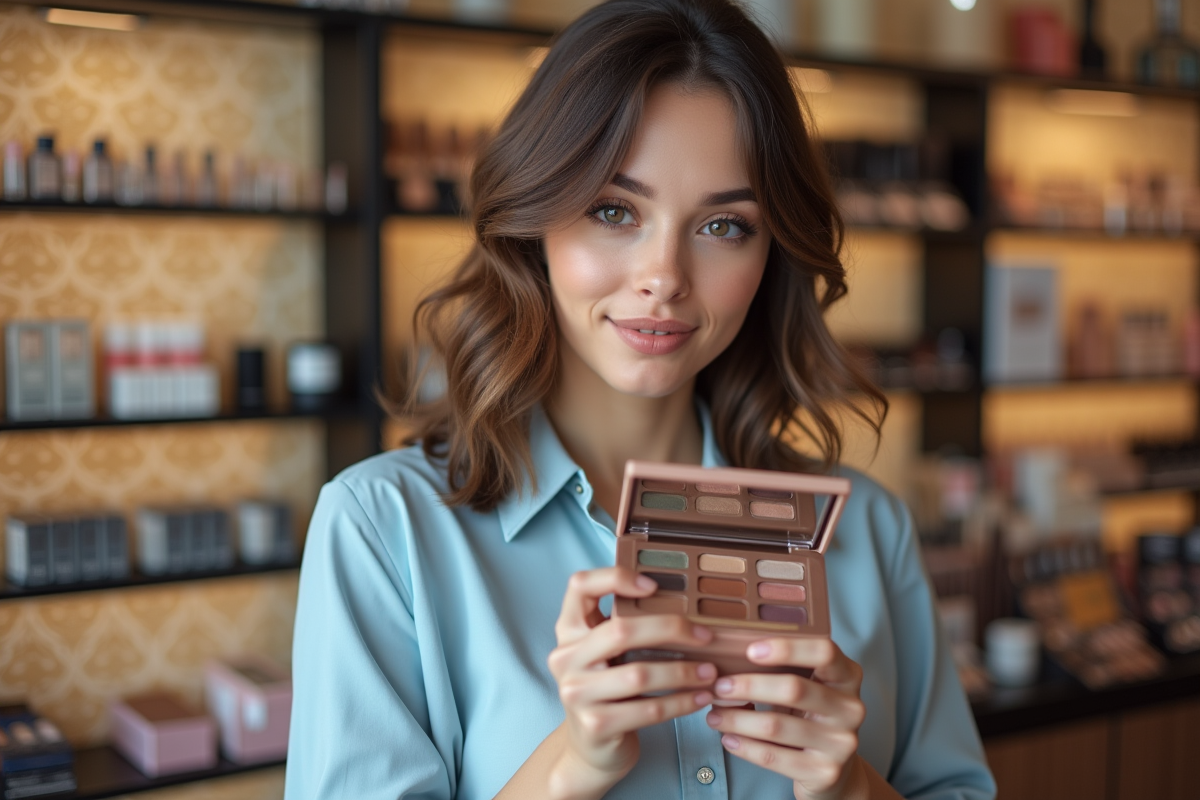 Jeune femme choisissant une palette de maquillage dans une boutique