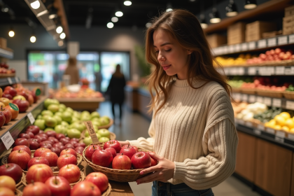 Jeune femme compare des pommes bio et naturelles en magasin