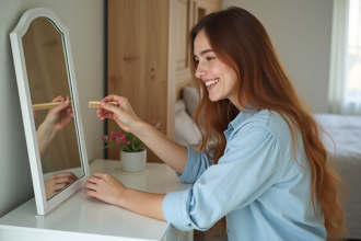 Jeune femme coiffant ses cheveux dans sa chambre lumineuse