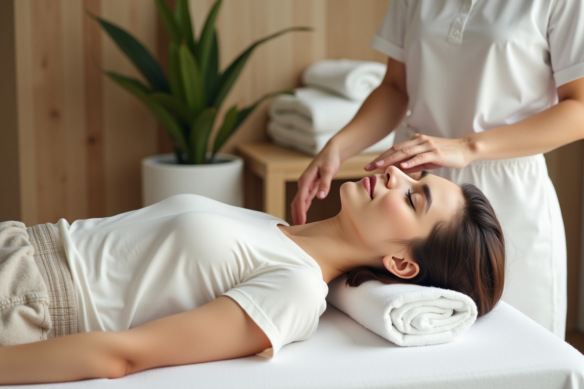 Jeune femme détendue recevant un massage dans un spa moderne
