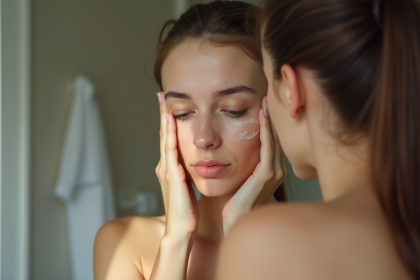 Jeune femme examinant son visage fatigué dans un miroir naturel