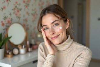 Jeune femme appliquant un primer sur le visage avec sourire naturel