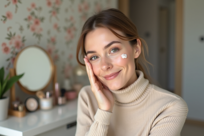 Jeune femme appliquant un primer sur le visage avec sourire naturel