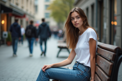 Jeune femme en ville assise sur un banc en denim et t-shirt blanc