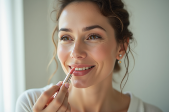 Femme d'âge moyen appliquant un rouge à lèvres pêche devant une fenêtre