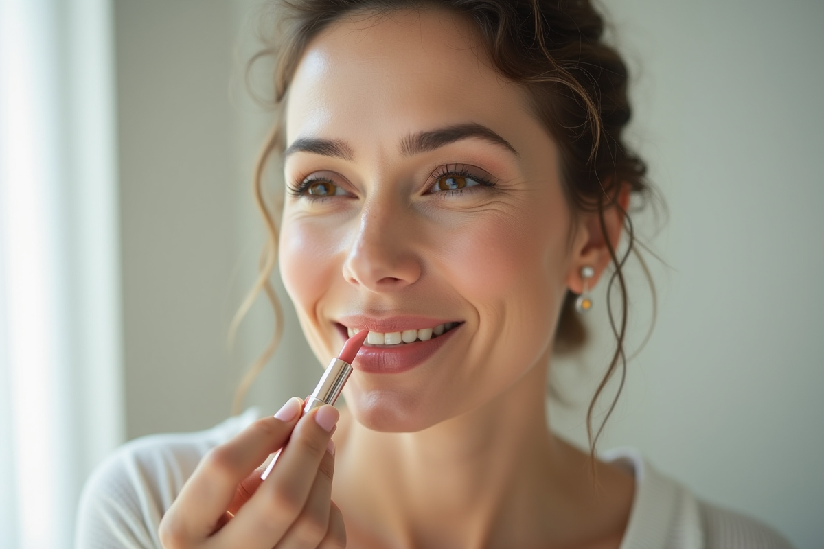 Femme d'âge moyen appliquant un rouge à lèvres pêche devant une fenêtre