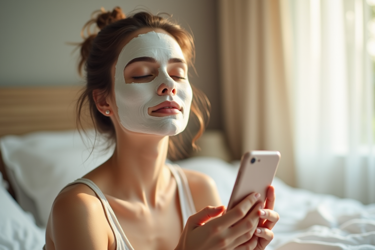 Jeune femme avec masque visage au lit en lumière douce