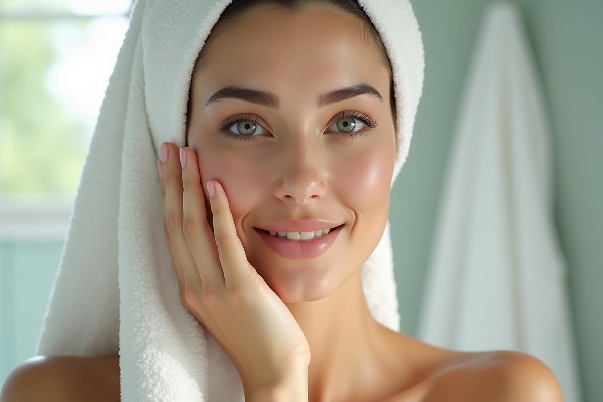 Jeune femme appliquant une serviette chaude sur le visage