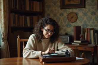Jeune femme écoutant de la musique dans un intérieur chaleureux