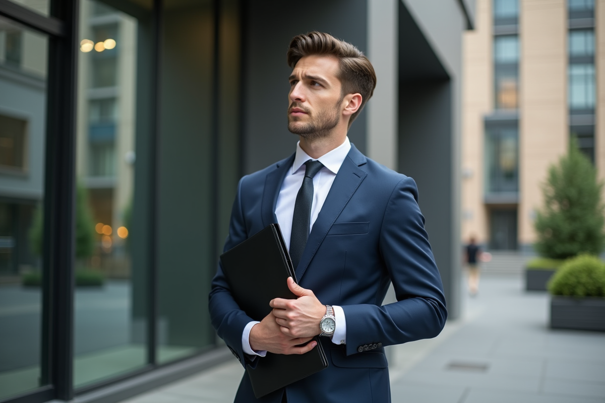 Jeune homme en costume devant un bâtiment moderne