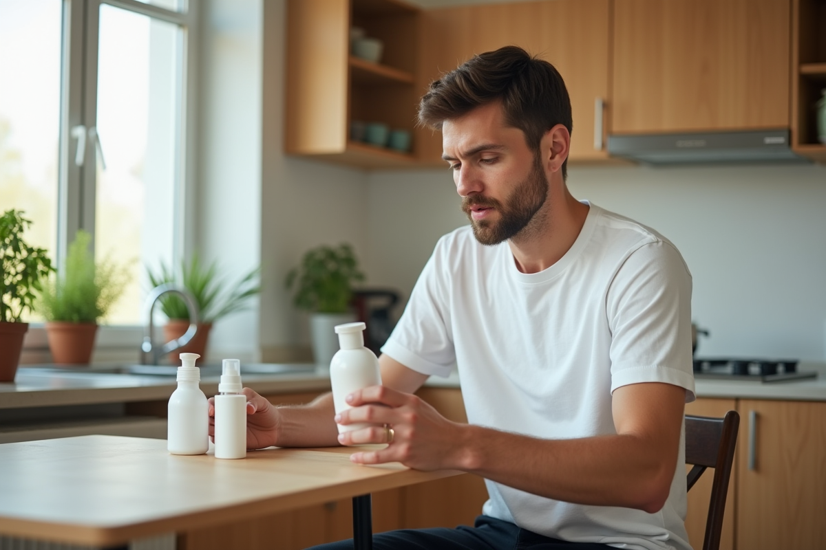 Jeune homme comparant deux produits de soin à la maison